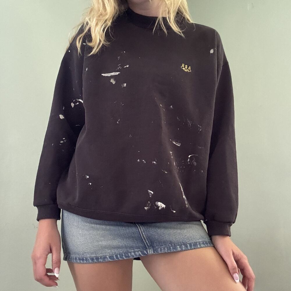 Vintage 90s Olympics Crewneck Sweatshirt Black Gold Womens Paint Splattered